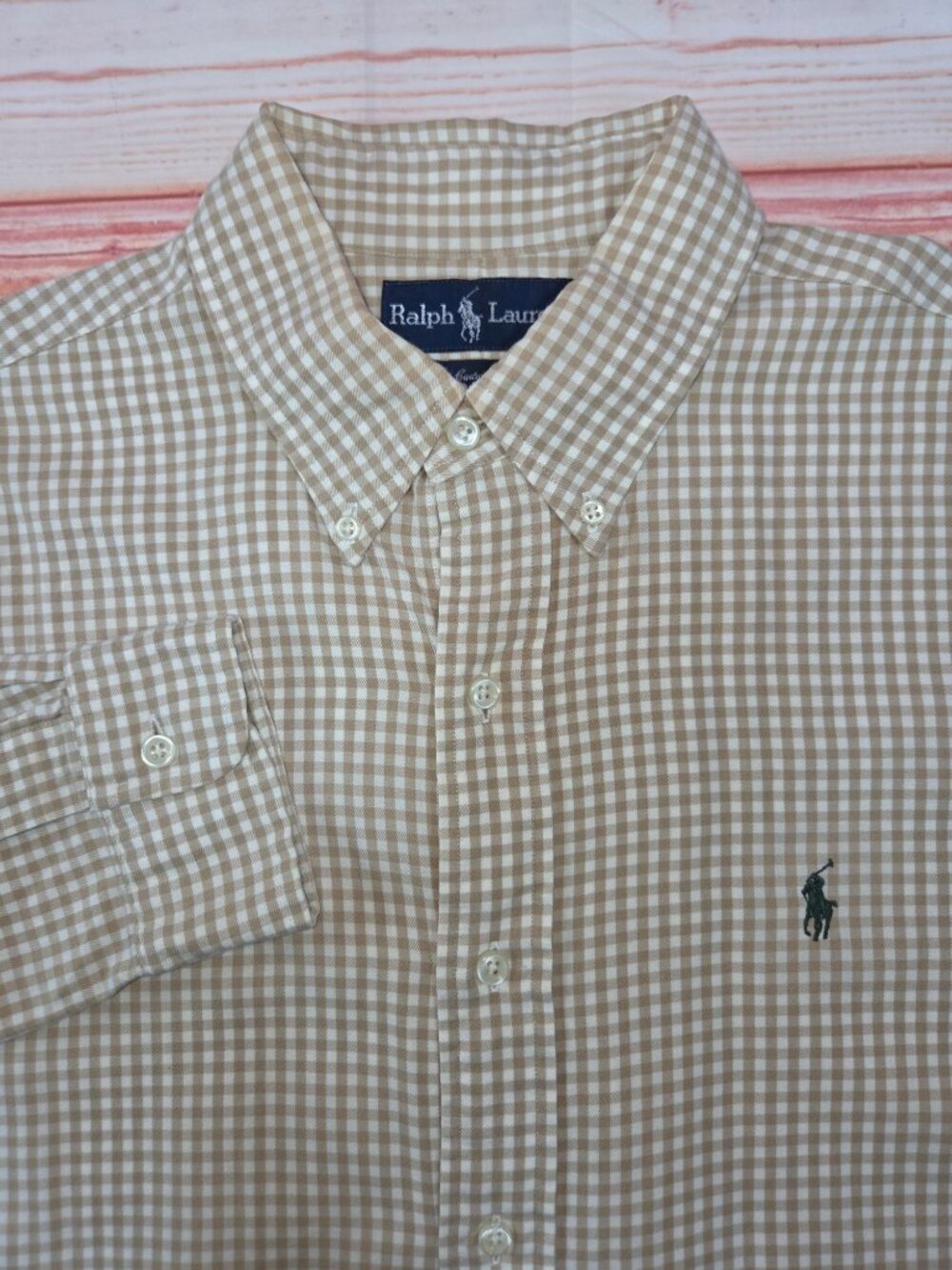 Ralph Lauren Mens Beige Check Button-Down Shirt Size Large